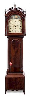 A Federal Mahogany Tall Case Clock Height 91 x width 7 1/2 x depth 9 1/2 inches.