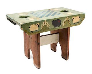 A Rustic Style Painted Child's Bench Height 13 x width 18 x depth 10 5/8 inches.