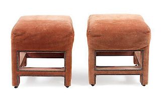 * A Pair of Suede Upholstered Stools Height 28 x width 18 1/4 x depth 16 1/4 inches.