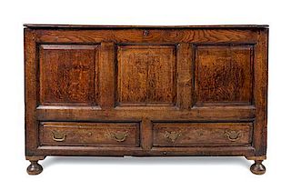 An English Oak Mule Chest Height 32 7/8 x width 52 1/4 x depth 21 1/8 inches.