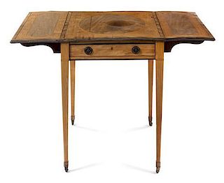 * A Hepplewhite Style Mahogany Pembroke Table Height 28 1/4 x width 21 3/8 (closed) x depth 26 3/4 inches.