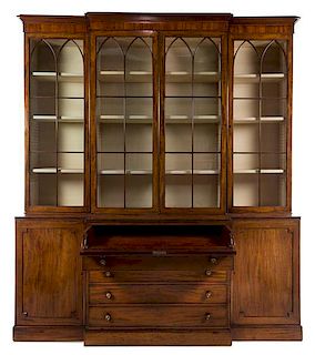 * A George III Mahogany Breakfront Secretary Bookcase Height 97 x width 85 x depth 19 1/4 inches.
