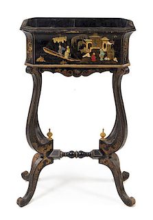 * A Regency Style Ebonized and Parcel Gilt Jardiniere on Stand Height 32 1/4 x width 20 x depth 10 inches.