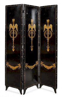 An English Painted Three-Panel Floor Screen Height 71 7/8 x width of each panel 16 3/8 inches.