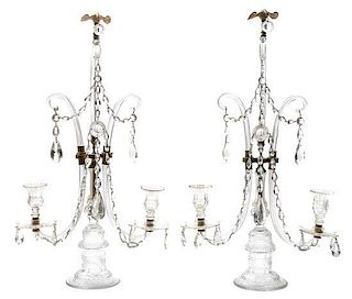 * A Pair of English Molded and Cut Glass Two-Light Girandoles Height 26 1/4 inches.