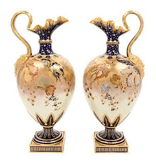 * A Pair of Royal Crown Derby Porcelain Ewers Height 15 3/4 inches.