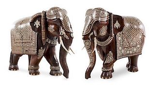 * A Pair of Indian Bone Inlaid Elephants Height 36 inches.