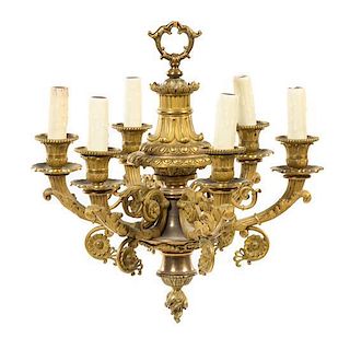 A Bronze Six-Light Chandelier Height 17 inches.