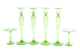 * A Group of Etched Glass Table Articles Height of candlestick 16 inches.