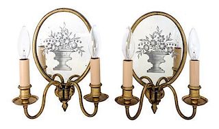 A Pair of Etched Glass and Brass Two-Light Sconces Height 10 3/8 inches.