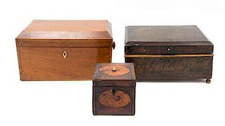 * Three Wood Tea Caddies Height of largest 6 1/2 x length 12 x depth 6 1/4 inches.