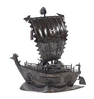 A Japanese Bronze Treasure Boat Height 42 1/2 inches.
