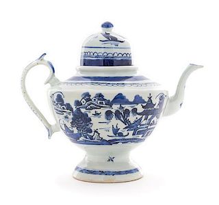 A Large Canton Porcelain Blue and White Teapot Height 8 7/8 inches.