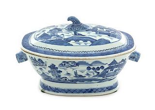 A Canton Blue and White Covered Tureen Height 7 3/4 inches.