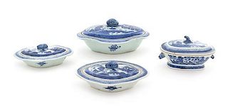 A Group of Four Canton Blue and White Covered Dishes Length of largest 10 5/8 inches.