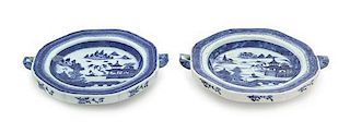 Two Canton Blue and White Warming Dishes Width of each 10 5/8 inches.