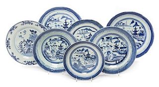 A Collection of Seven Canton Export Porcelain Plates Diameter of largest 10 inches.