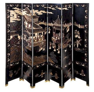 A Chinese Six-Panel Coromandel Screen Height 84 x width of each panel 15 3/4 inches.