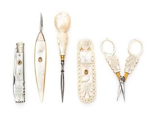 * A Group of Five Palais Royal Mother-of-Pearl Sewing Tools, , comprising a stiletto, pocket knife, scissors, needle case and