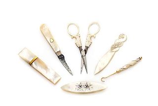 * A Group of Six Palais Royal Mother-of-Pearl Sewing Articles, , comprising a knife, scissors, button hook, needle case, bodk