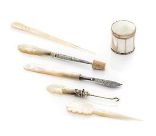 * A Group of Six Palais Royal Mother-of-Pearl Sewing Articles, , comprising three stilettos, button hook, knife and a patch b