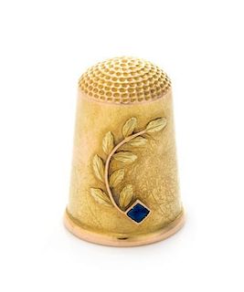 * A Russian Yellow Gold and Sapphire Thimble, Maker's Mark Obscured, St. Petersburg, the domed knurled top above the plain bo