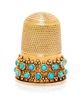 * A Victorian Yellow Gold and Turquoise Thimble, Likely James Fenton, Birmingham, 1894, the knurled top and body above two ba