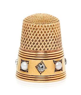 * An American 18-Karat Yellow Gold, Diamond and Pearl Thimble, Possibly Tiffany & Co., New York, NY, the knurled top and body