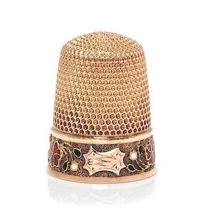 * An American 14-Karat Rose Gold and Enamel Thimble, Simons Bros., Philadelphia, PA, the knurled top and body above a polychr