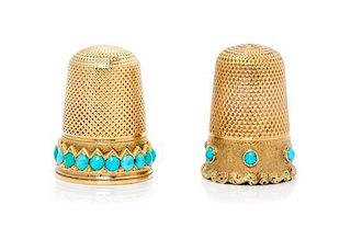 * Two Yellow Gold and Turquoise Thimbles, , each with an associated mother-of-pearl case and having a knurled top and body ab