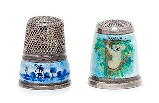 * Two German Silver and Enamel Thimbles, , comprising a West German example with a knurled top above a guilloche enamel groun