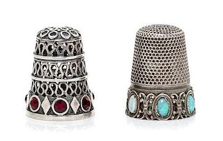 * A Group of Two Continental Silver and Stone Thimbles, , comprising an example with three tiers of pierced wrigglework above