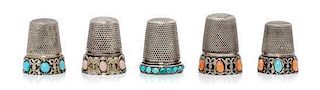 * A Group of Five Continental Silver and Stone Thimbles, Various Makers, each having a knurled top and body, two examples wit