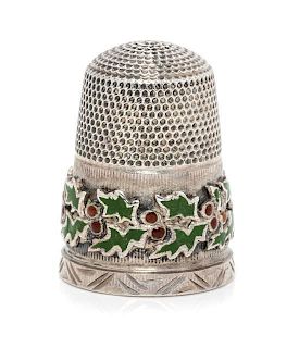 * A Victorian Silver and Enamel Thimble, James Fenton, Birmingham, 1892, the knurled top and body above a polychrome enamel b