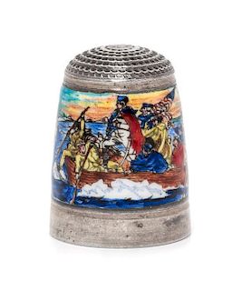 * An English Silver and Enamel Thimble, Joseph Swan & Sons, Birmingham, 1973, the knurled top above an enamel body depicting