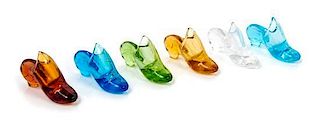 * A Collection of Six Victorian Sandwich Glass Shoe-Form Thimble Holders Length 2 1/2 inches.