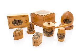 * Eight Mauchline Ware Sewing Caddies and Thimble Cases Width of largest 5 1/4 inches.
