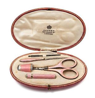 * A Continental Five-Piece Guilloche Enamel Sewing Kit, Likely German, Retailed by Asprey, London, comprising scissors, a thi