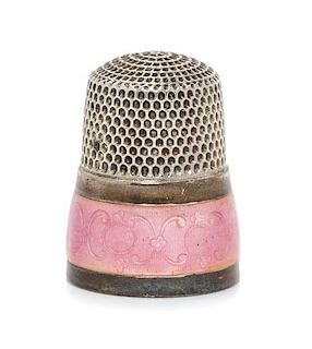* An American Silver and Guilloche Enamel Thimble, Simons Bros., Philadelphia, PA, the knurled top and body above a pink guil