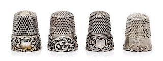 * Four Silver Thimbles, Various Makers, comprising an example having a knurled top and body above a plain band engraved Mothe