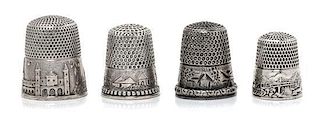 * Four American Silver 'Scenic' Thimbles, Various Makers, each having a knurled top and body above a band worked to show vill