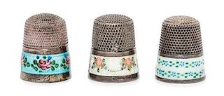 * A Group of Three American Silver and Enamel Thimbles, Various Makers, each having a knurled top and body above a guilloche