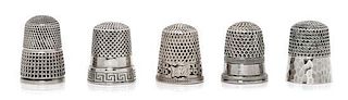 * Five American Silver Thimbles, Various Makers, comprising an example having a Greek meander decorated rim, Webster Co., Nor