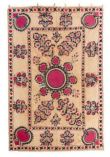 A Tashkent Suzani Embroidery 9 feet 3/4 inches x 6 feet 1/4 inches.
