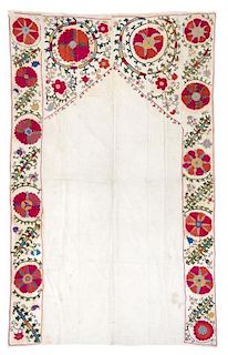 A Bokhara Prayer Arch Suzani Embroidery 7 feet 8 inches x 4 feet 9 1/4 inches.