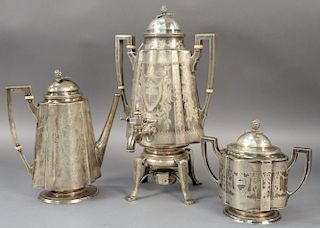 Three piece sterling silver Shreve Crump and Low tea and coffee set to include pot on stand with spigot, all three with berry