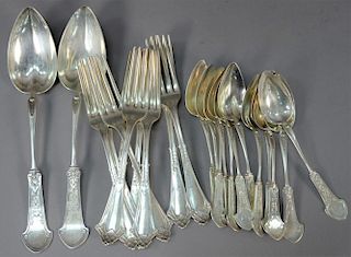 Sterling silver flatware lot to include 12 teaspoons, 10 forks, and 2 serving spoons, 24 total pieces. 
23.9 troy ounces