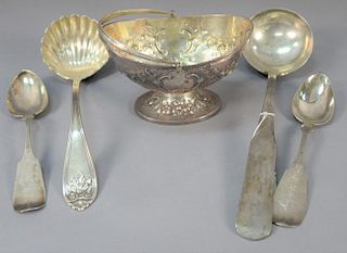 Five piece coin silver lot including two ladles, two spoons, and one sugar. 
26 troy ounces