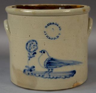 Stoneware crock N. Caire Jr. Athens, N.Y. with cobalt blue bird and flower (small rim repair).  ht. 9in., dia. 10 1/4in. Prov