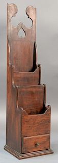 Pine pipe box having heart cut-out top, three sections over one drawer.  ht. 26 1/4in., wd. 6in.